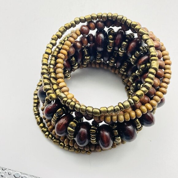 Beaded Memory Wire Bracelet Gold Tone Wood Ethnic Native Tribal SW Boho - Picture 3 of 6